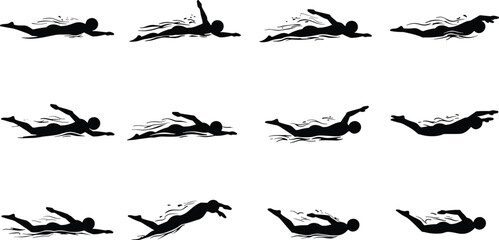 Butterfly stroke swimmer silhouettes, swimming motion stages, aquatic technique breakdown, black white art, sports performance, athlete movement, water training visuals