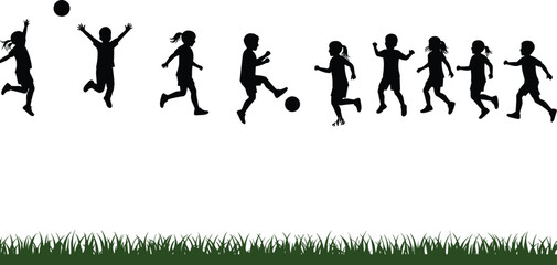 Children playing soccer, silhouette action scene, running kids, joyful movement, outdoor grass field, youth activity, teamwork, exercise, healthy lifestyle