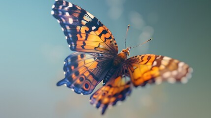 ultra-realistic 3D render of a giant orange admiral butterfly in flight, wings slightly blurred at the tips to imply movement, set against a subtle sky-blue gradient
