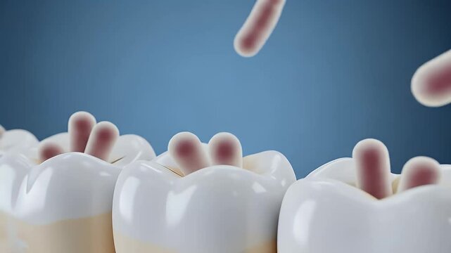 3D animation of bacteria interacting with tooth enamel surface