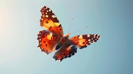 ultra-realistic 3D render of a giant orange admiral butterfly in flight, wings slightly blurred at the tips to imply movement, set against a subtle sky-blue gradient