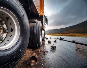 collision s aftermath a close up of a semi truck s wheels capturing the devastating aftermath of a collision rain and debris an evocative scene of the event s impact