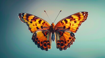 ultra-realistic 3D render of a giant orange admiral butterfly in flight, wings slightly blurred at the tips to imply movement, set against a subtle sky-blue gradient