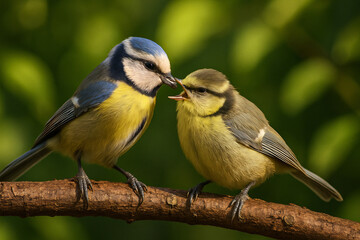 Obraz premium Blue tit bird feeding chick on branch in nature