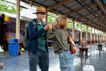 Fototapeta premium Happy Asian senior boarding a train at the station