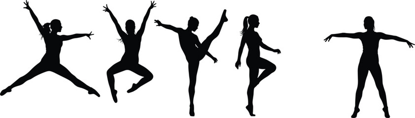 Dynamic silhouette dancers, expressive poses, high energy movement, artistic body language, contemporary ballet, performance, flexibility, choreography, art, modern creative illustration