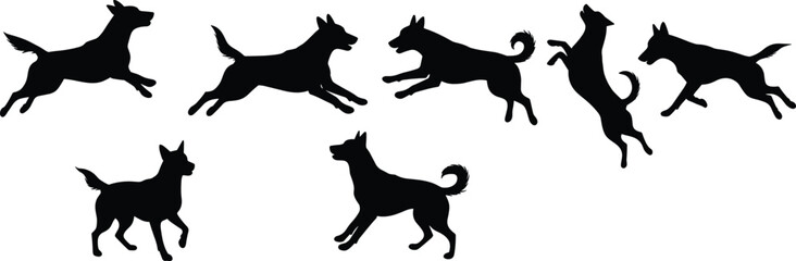 Energetic dogs running and jumping, black silhouette pets, playful canine motion, dog illustration on white background, animal vector, lively behavior