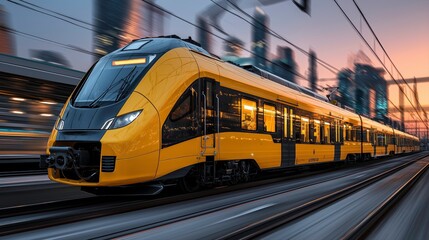 Obraz premium Modern Yellow Passenger Train Moving Through City at Sunset