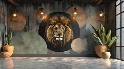 ultra-realistic 3D render of a meeting-room accent wall featuring dusty olive green and charcoal circles 