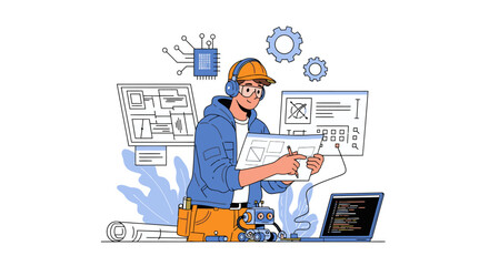 Young engineer designing innovative technology with blueprint and laptop in modern workspace