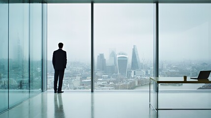 Fototapeta premium Professional man in a suit gazes out at a city skyline from a modern office.
