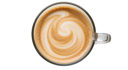 Overhead view of a cappuccino with latte art swirl isolated PNG with Transparent Background
