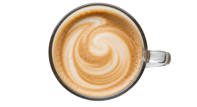 Overhead view of a cappuccino with latte art swirl isolated PNG with Transparent Background