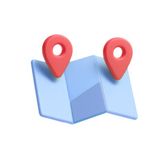 3d map with red location pins isolated on transparent background