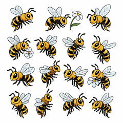 Honeybee collection in various poses with flowers