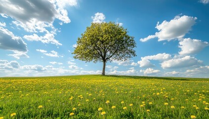 Solitary tree on a hilltop meadow, bathed in sunlight.