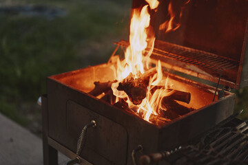A cozy outdoor barbecue scene with flames dancing above burning wood in a grill, perfect for summer...