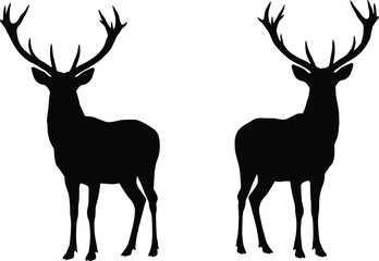 Majestic deer silhouettes, antler wildlife vector, black and white symmetry, elegant nature illustration, forest animal graphic, artistic composition design