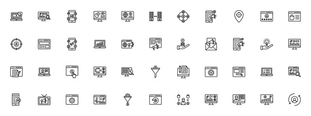 Digital Marketing icon set. Business vector collection. Includes Paid content, Social media, Ecommerce, Email marketing, Sales funnel, Web optimization, Conversion and more. Editable stroke design.