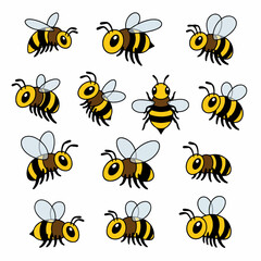 Yellow and black bees in various poses