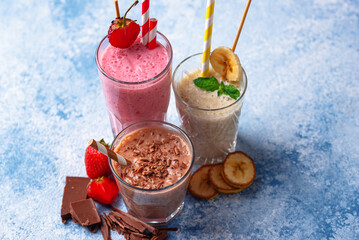 Milkshake from strawberry, banana and chocolate