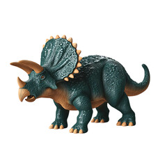 A detailed toy model of a Triceratops dinosaur, placed on a white isolated background.