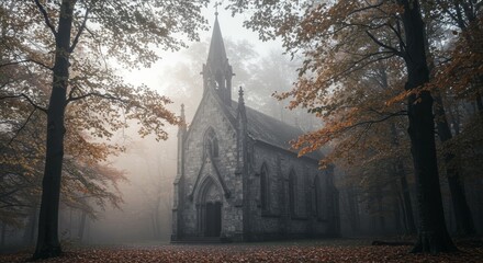 Ethereal Gray Chapel Amidst Fog-Laden Autumnal Forest Landscape Scene
