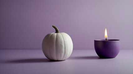 Minimalist Halloween composition featuring a single white pumpkin on a soft lavender background. Clean lighting, pastel tones, and a modern aesthetic. Ideal for seasonal branding