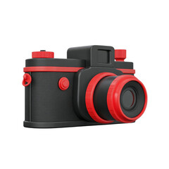 A modern, compact camera design featuring a black and red color scheme, isolated on a white background.