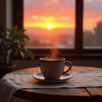 Secangkir kopi di atas meja dengan suasana sunset