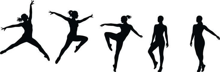 Silhouette dancers in motion, dynamic poses, artistic expression, grace, fitness, ballet, contemporary movement, performance, choreography, energy, flexibility, modern dance scene