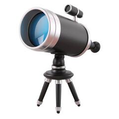 A sleek black telescope on a tripod with blue lens, perfect for stargazing against a white isolated background.