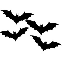 A flock of black bats flying against a white background