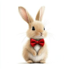 Obraz premium Cute fluffy rabbit with a red bow tie sitting upright on a white background