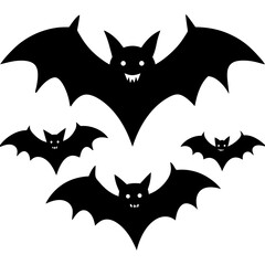 Naklejka premium Group of silhouetted halloween bats with fangs and glowing eyes