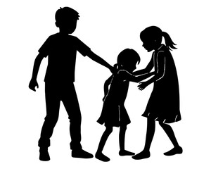 Silhouettes of three children interacting one boy and two girls in a playful or confrontational scene