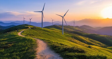 Naklejka premium Wind turbines atop a grassy hillside at sunset