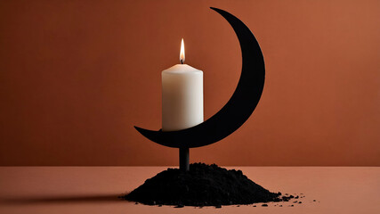 Minimal conceptual Halloween image with a black crescent moon and white candle against a terracotta background. Symbolic, modern, and suitable for elegant seasonal design.