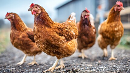 Fototapeta premium A group of four brown hens walking along a gravel path on a farm.