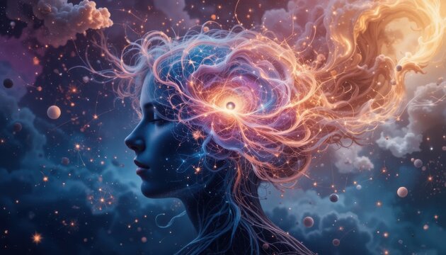 Woman with Glowing Brain and Light Trails