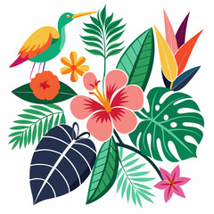 Obraz premium Vibrant tropical bird and exotic flowers with lush greenery illustration