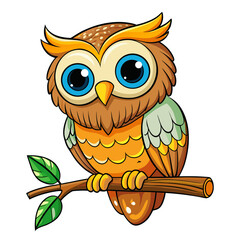 Adorable cartoon owl with big blue eyes perched on a branch with green leaves