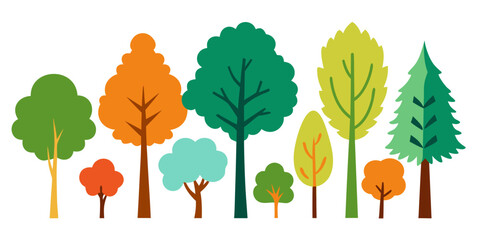 A colorful collection of stylized trees in various shapes and autumnal hues