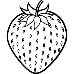 Simple outline drawing of a strawberry with seeds and green leaves