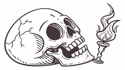 Cracked human skull holding a flaming torch in its mouth in a stylized drawing