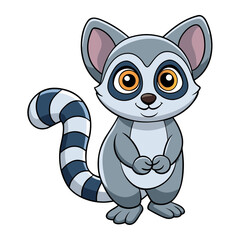 Adorable cartoon ring tailed lemur with big eyes and striped tail standing happily