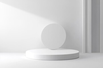 Minimalist white pedestal display.  A single, large, white, circular object rests on a slightly larger white circular pedestal.  Soft shadows highlight the form.  Clean, modern, and empty