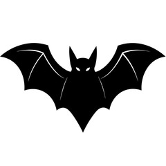 A striking black silhouette of a bat with wide wings and glowing eyes against a white background
