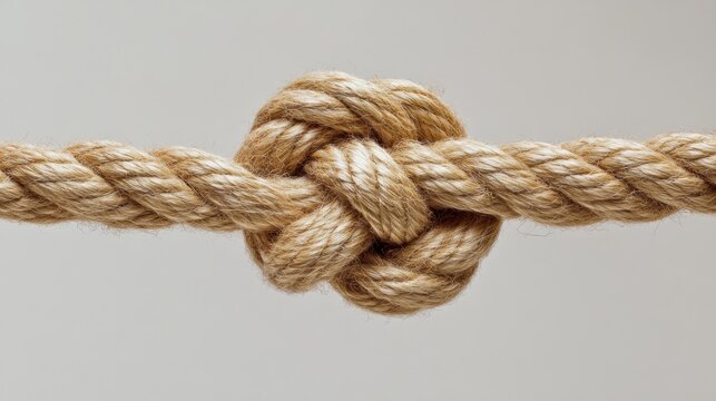 A complex, intricate knot tied in a thick, rustic rope, placed on a plain background.