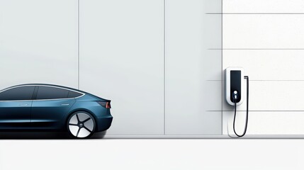 Modern Electric Vehicle Charging Station Next to Stylish Sedan Near Minimalist Wall